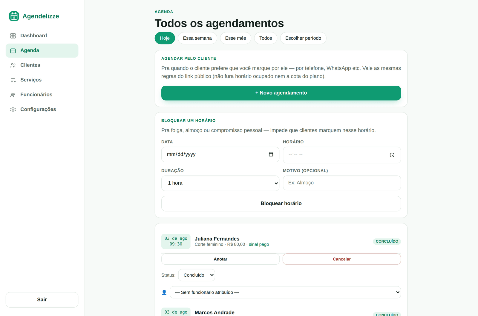 Tela de agenda do Agendelizze com a lista de agendamentos do prestador e ações de concluir, remarcar e cancelar