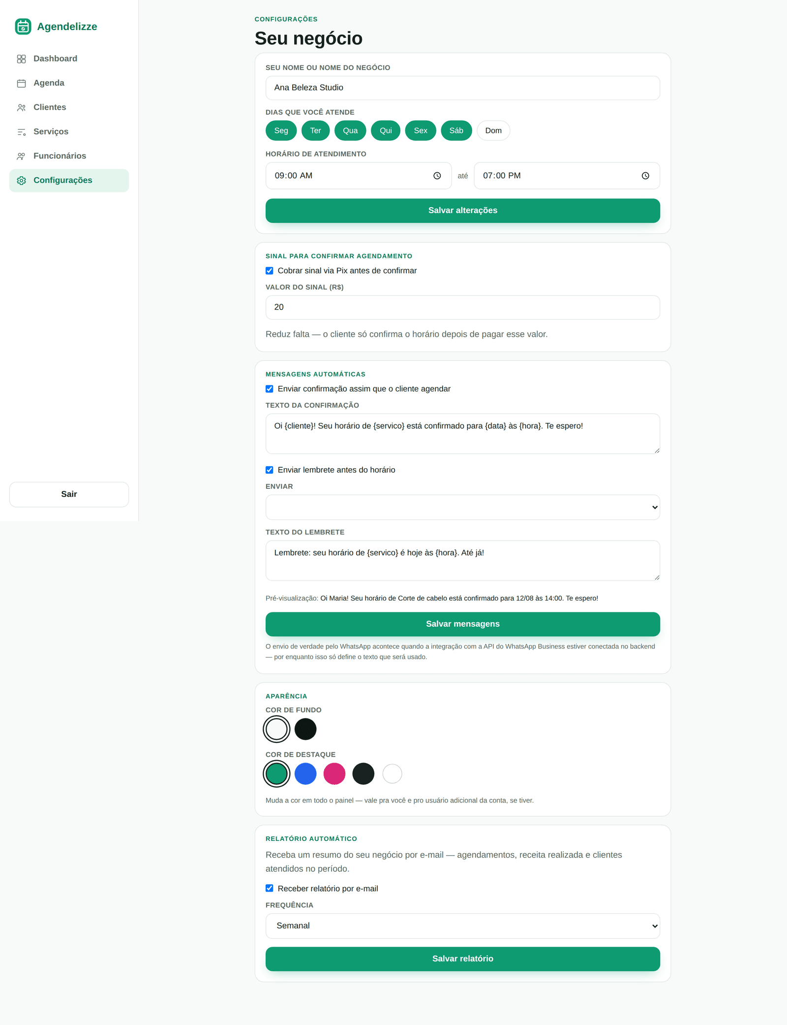 Tela de configurações do Agendelizze com mensagens automáticas, lembretes e relatório por e-mail