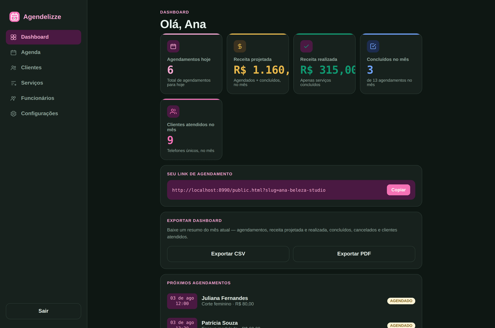 Painel do Agendelizze personalizado com tema escuro e cor de destaque rosa