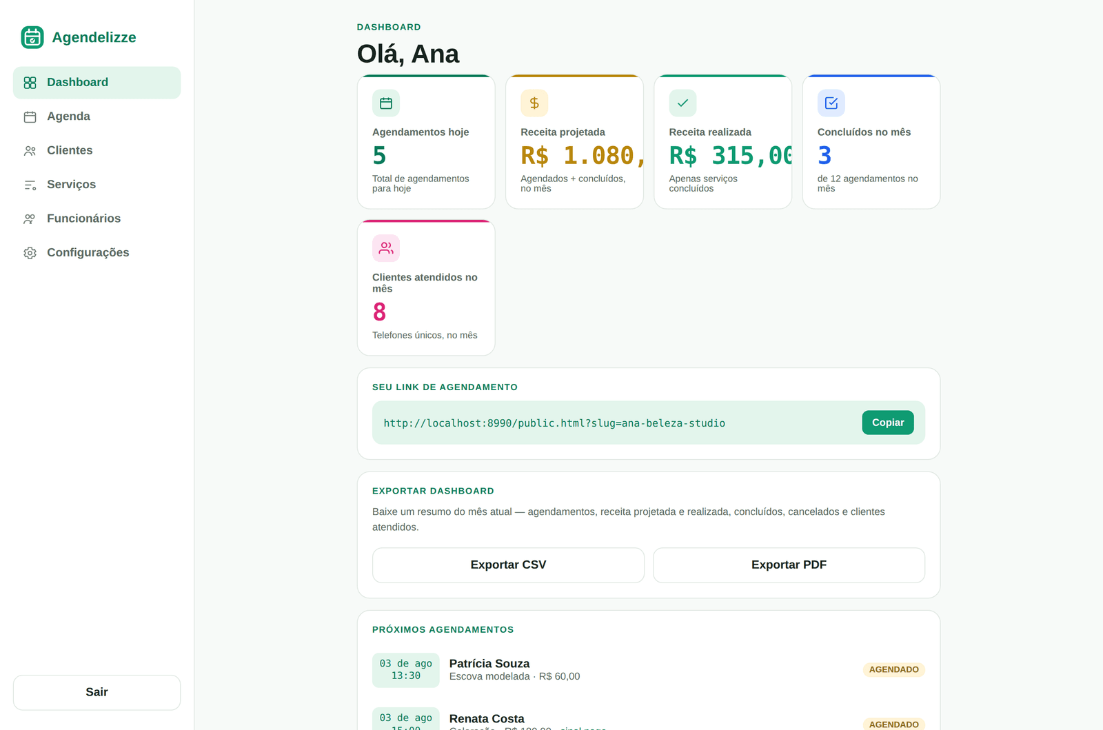 Dashboard do Agendelizze mostrando agendamentos hoje, receita projetada e realizada, concluídos e clientes atendidos no mês