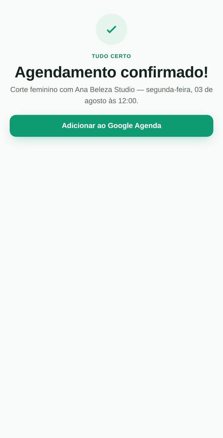Tela de confirmação de agendamento com botão para adicionar à Google Agenda