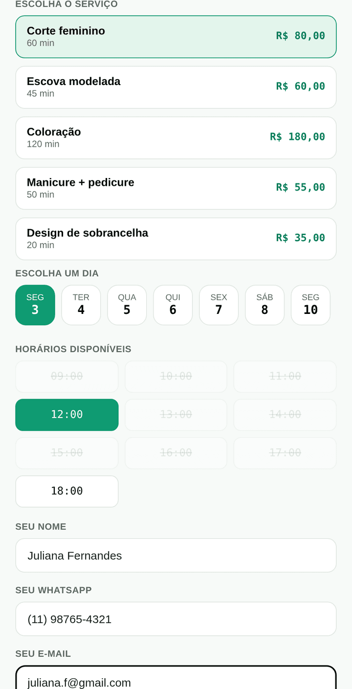 Tela pública de agendamento com o formulário de dados do cliente e cobrança de sinal via Pix