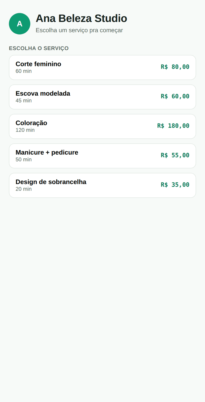 Tela pública de agendamento com a lista de serviços disponíveis