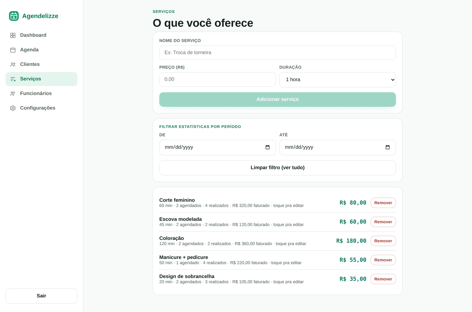 Tela de serviços do Agendelizze com nome, preço e duração de cada serviço cadastrado